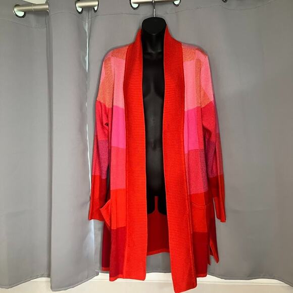Isaac Mizrahi Colorblock Long Open Cardigan Sweater Womens Size L Red A385866 - Picture 1 of 9